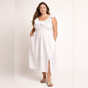 White linen off shoulder Ruffle Midi Dress